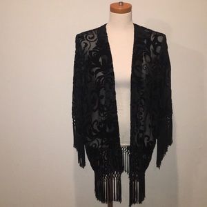 Chelsea & Violet black velvet fringe kimono sz XS